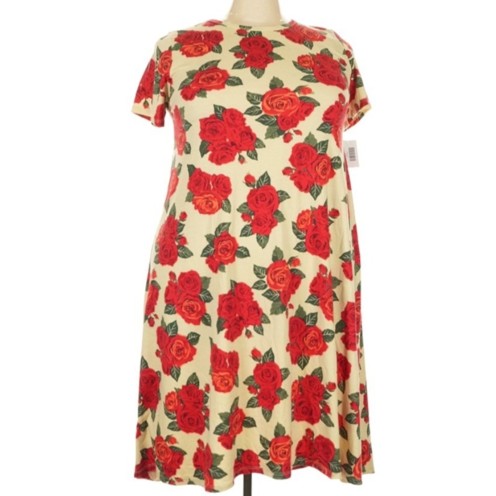 LuLaRoe Womens Dress Size 2XL Carly Cream Red Roses Floral Hi-Low XXL NWT
